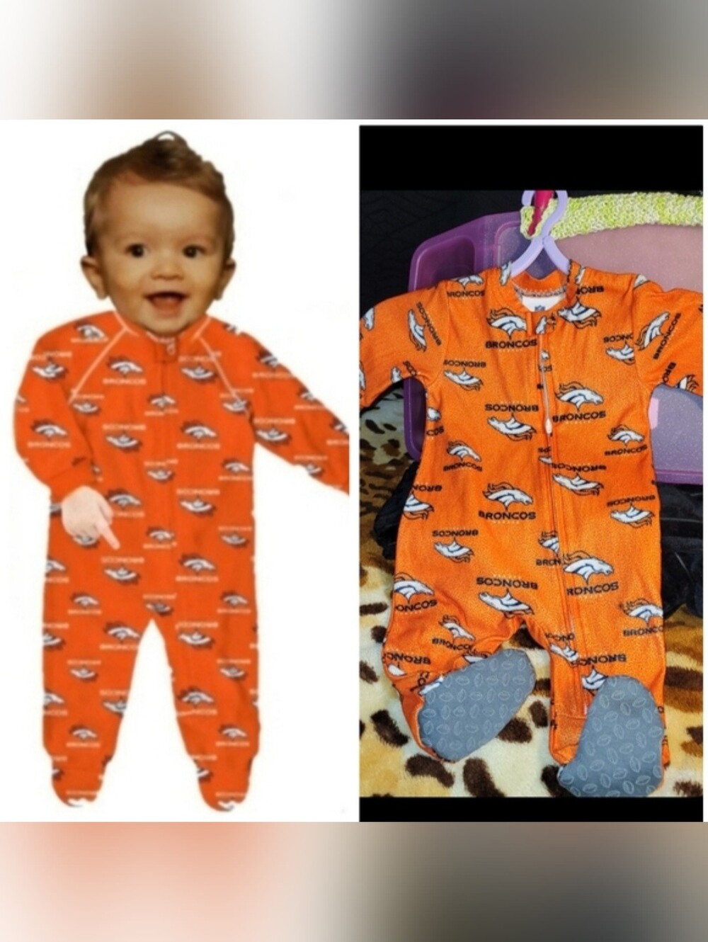 Vtg Y2K nfl orange broncos graphic baby onesie sleeper footed pjs unisex 3-6 mon